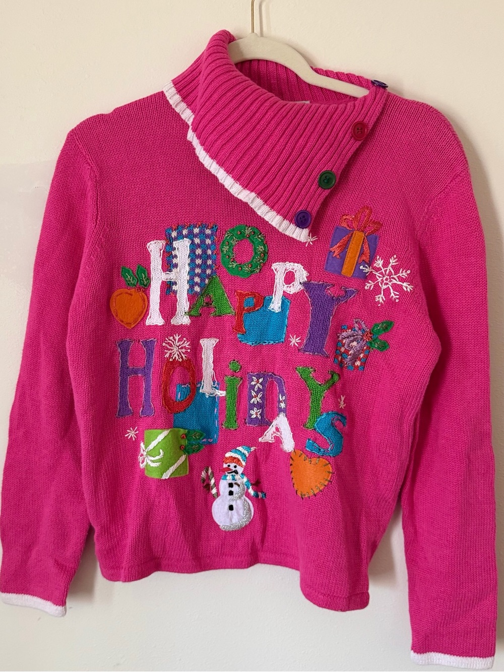 LL Bright Pink Holiday Appliqué Cowl Neck Sweater